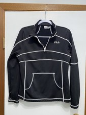 FILA SPORT Women's L Black Pullover 1/4 Zip Sweatshirt Contrast Stitch Pockets