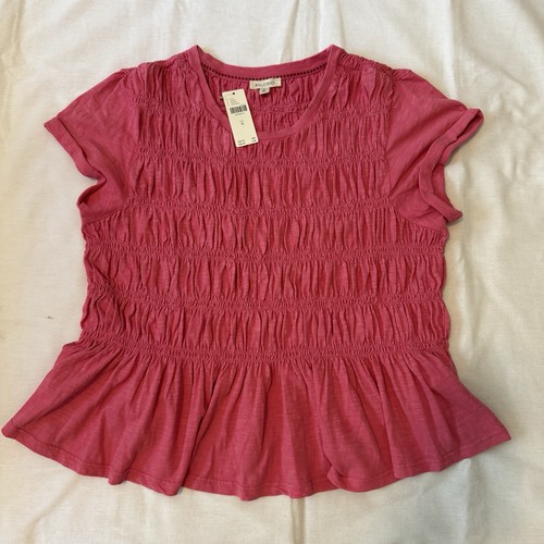 NEW Anthropologie PILCO Medium Pink Garment Dye Ruched Crew-Neck Cap-Sleeve Tee - Picture 4 of 8