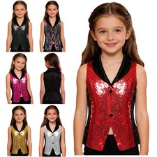 Kids Girls Sleeveless Sequins Vest Waistcoat Hip Hop Jazz Dance Party Formal