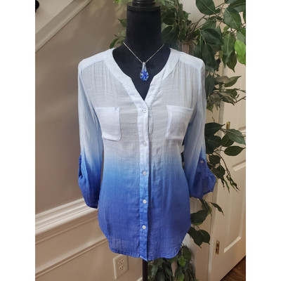 New Directions Women's Blue & White Rayon V-Neck Long Sleeve Button Down Shirt M