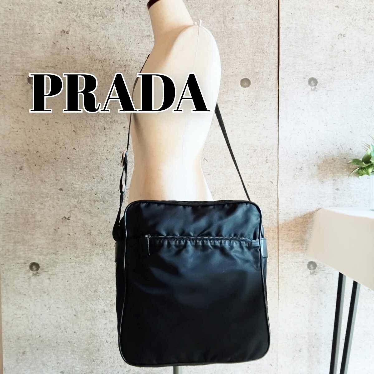 Prada Nylon Leather Shoulder Pouch Bag Classic Black Vintage Authentic