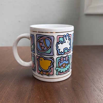 1997 Vintage J.I.I. Illustrated Easter Coffee Tea Mug Abstract Pastel Folk Art