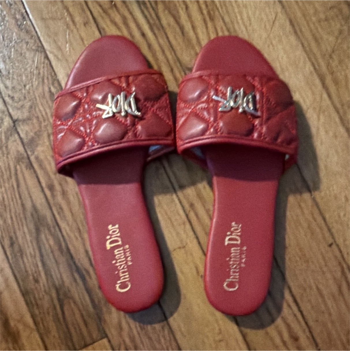 Dior Women’s Red Leather Quilted Logo Slide Sandals Slip On Comfort US 9