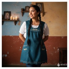 Blue Green Mexican Embroidered Apron Kitchen Apron Floral Design 33 x 23 in