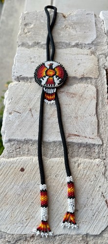 Vintage Beaded Native American Indian Rope Bolo Tie Western
