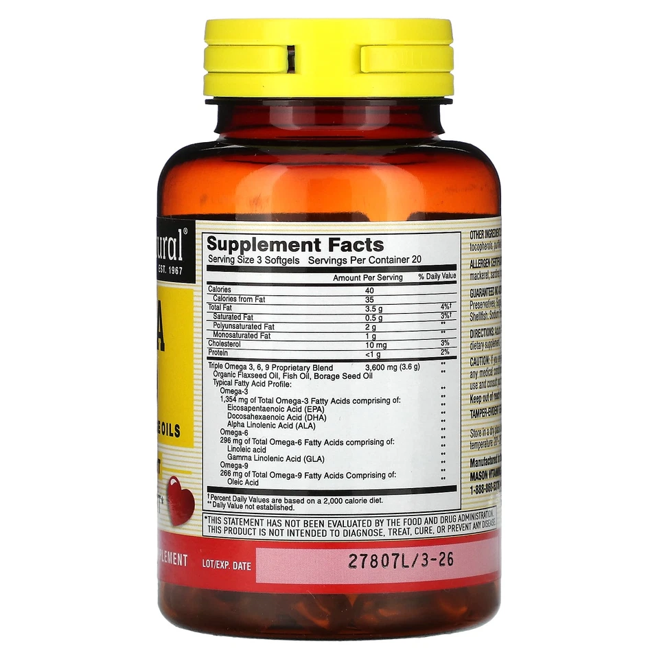 Omega 3-6-9, aceites de pescado, lino y borraja, 60 cápsulas blandas Foto 2 de 2