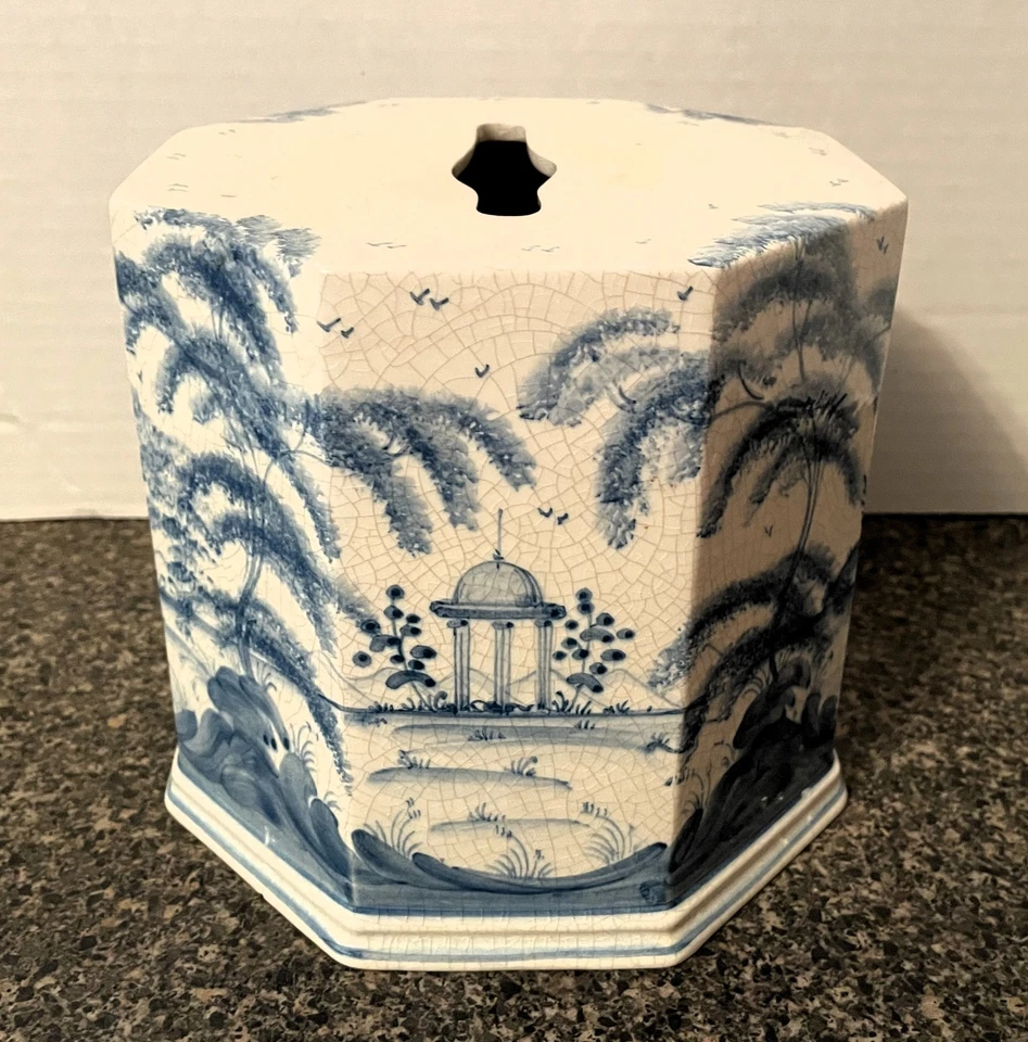 RARO Italiano Delft Estilo Azul Cerámica Porcelana BAÑO PAÑUELO Caja CUBIERTA Soporte Foto 2 de 4