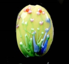 Handmade Lampwork Glass "Water Flower" Pendant Oval Bead - Yellow 1 
