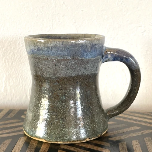 Small Vintage 6oz Studio Art Pottery Coffee Mug Blue Glaze Signed Hand Thrown