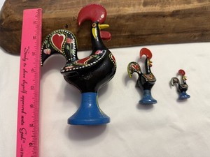 3 Szs  Vintage Portuguese Folk Art Roosters Good Luck Statue Cast Iron