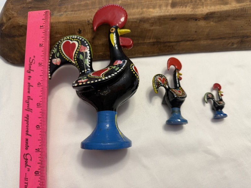 3 Szs  Vintage Portuguese Folk Art Roosters Good Luck Statue Cast Iron