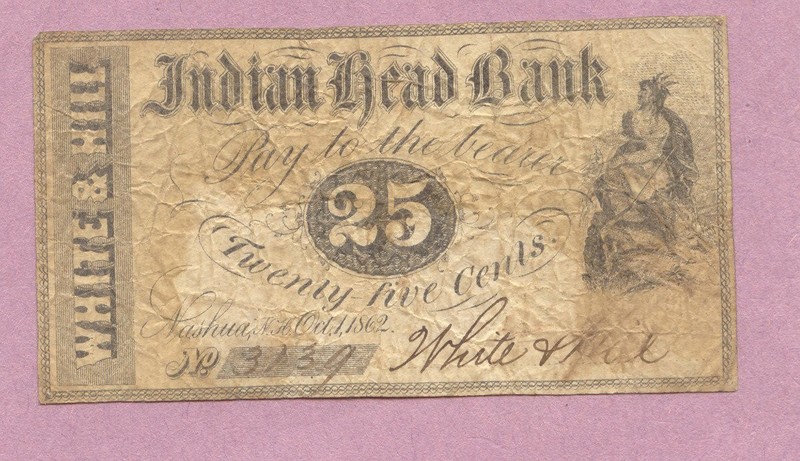 Obsolete, NH, Nashua, White & Hill, Indian Head Bank, 25c, Twenty-Five Cents