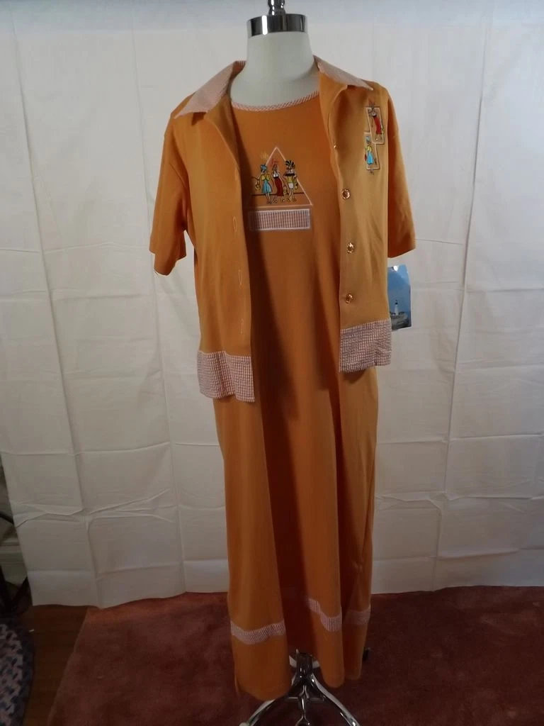 NOS NWT Vtg 1980s Orange Jersey Gingham Embroidered CASUAL DRESS & CAMP SHIRT M
