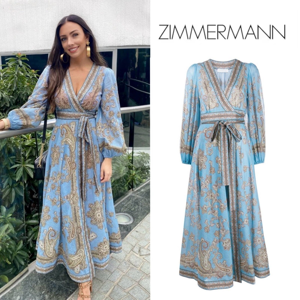 パーティードレス Zimmermann 4593DSS255 Dresses NWT Zimmermann Fiesta Blue Paisley Print Cotton Long Sleeve