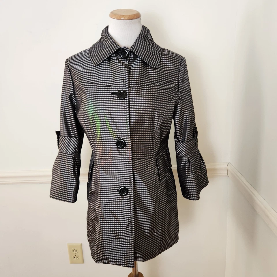 Grace Chuang New York Jacket Sz Small Womens Black Silver Check 3/4 Bell Sleeve - Image 4 of 4