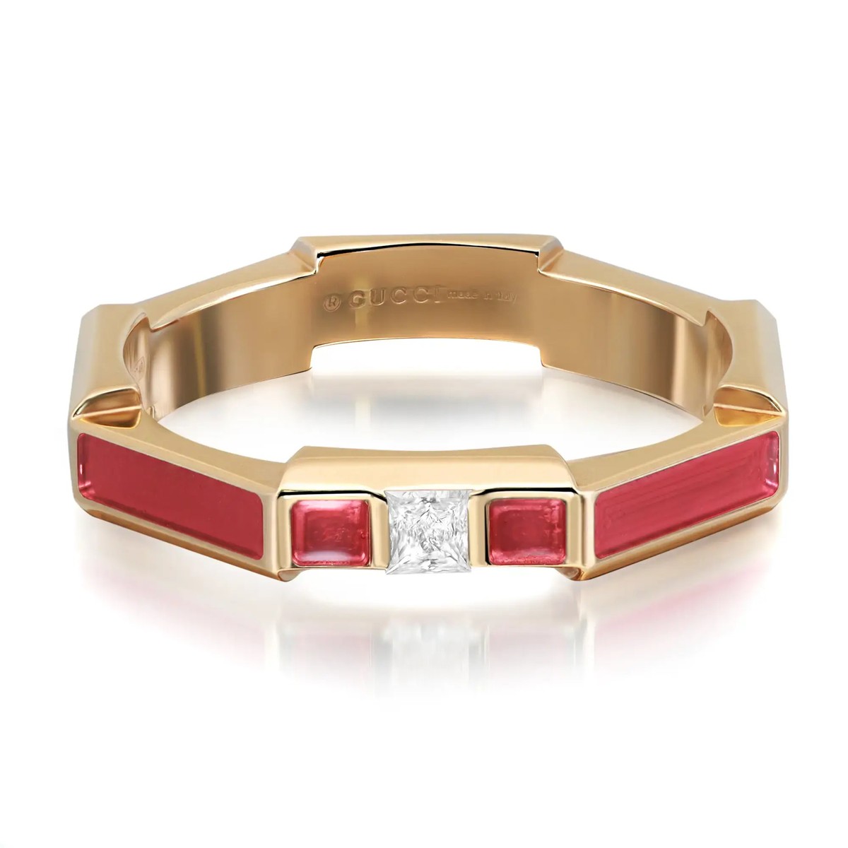 Gucci Link To Love Diamond Enamel Ring 18K Yellow Gold Size