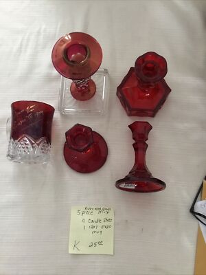Ruby red glass 5 pieces mix 4 candle sticks 1  - 1907 expo mug 