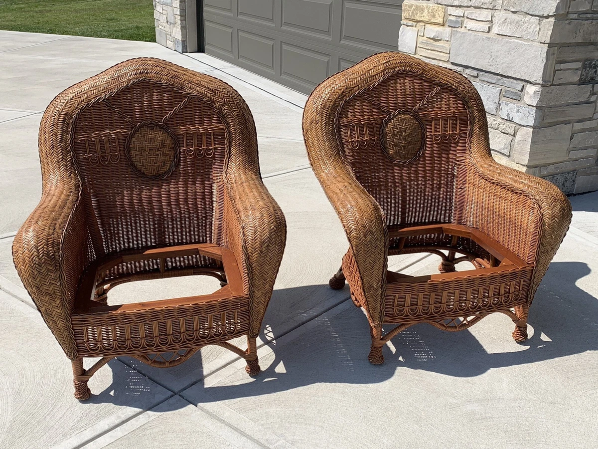 Palecek Victorian Wicker Chairs Brown Set Of 2 W Purple Plaid Cushions EUC