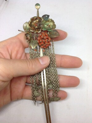Ancienne Pique à Cheveux (Kanzashi) Japonaise En Alliage D'argent Avec Corail - Bijou Vintage Occasion