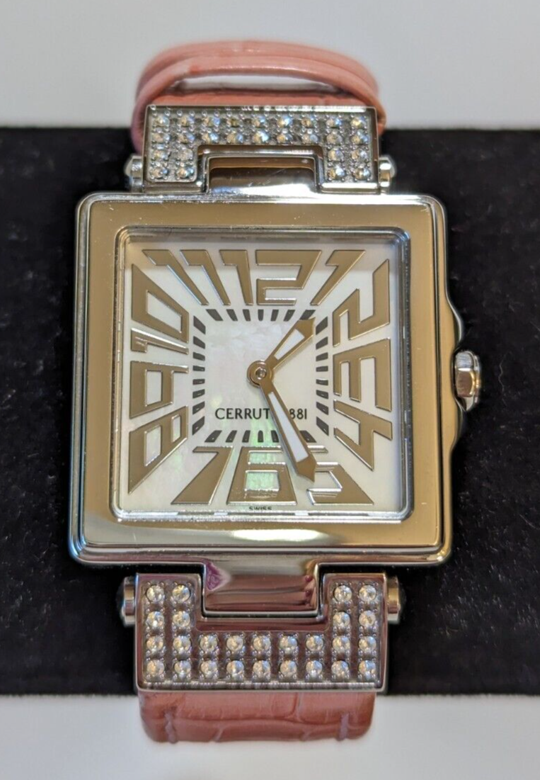 Cerruti 1881 pink pearl watch leather band diamond bezel womens