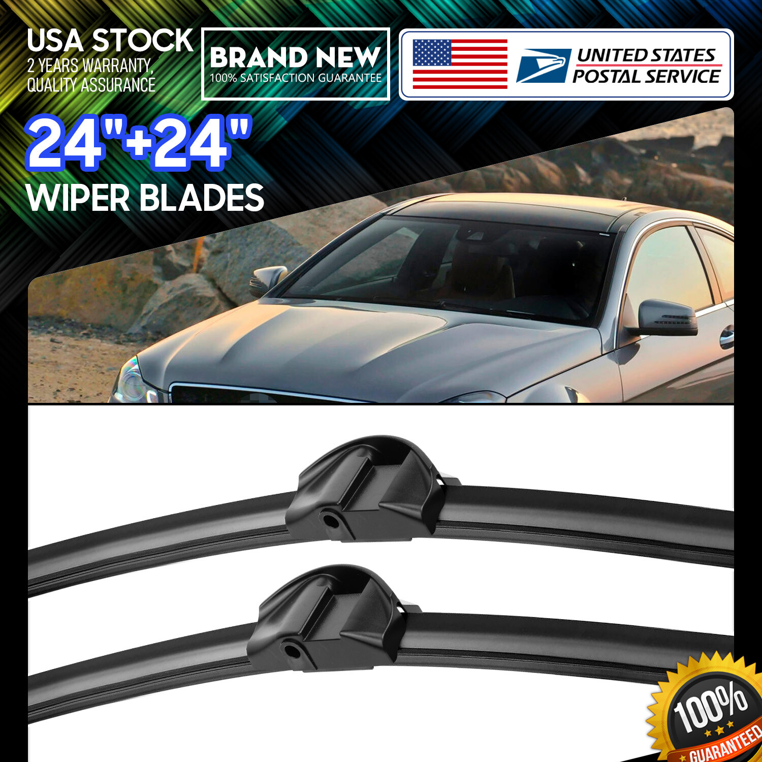 2-Pack Universal 24-Inch Auto Windshield Wiper Blades - Side Lock Design in Black