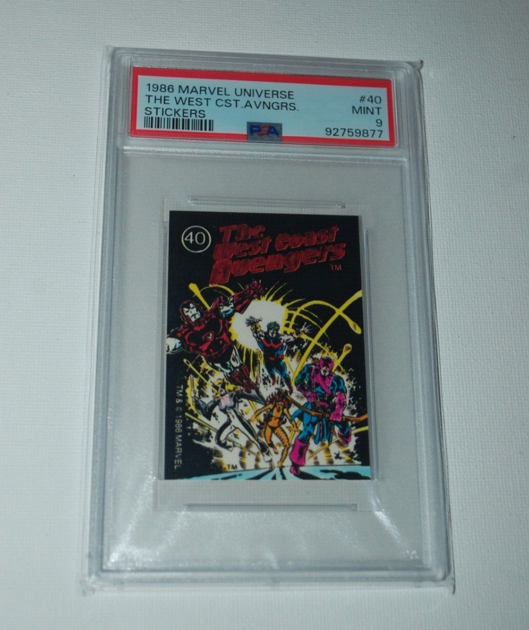 1986 Marvel Universe Stickers #40 The West Coast Avengers-PSA 9 Iron Man Hawkeye