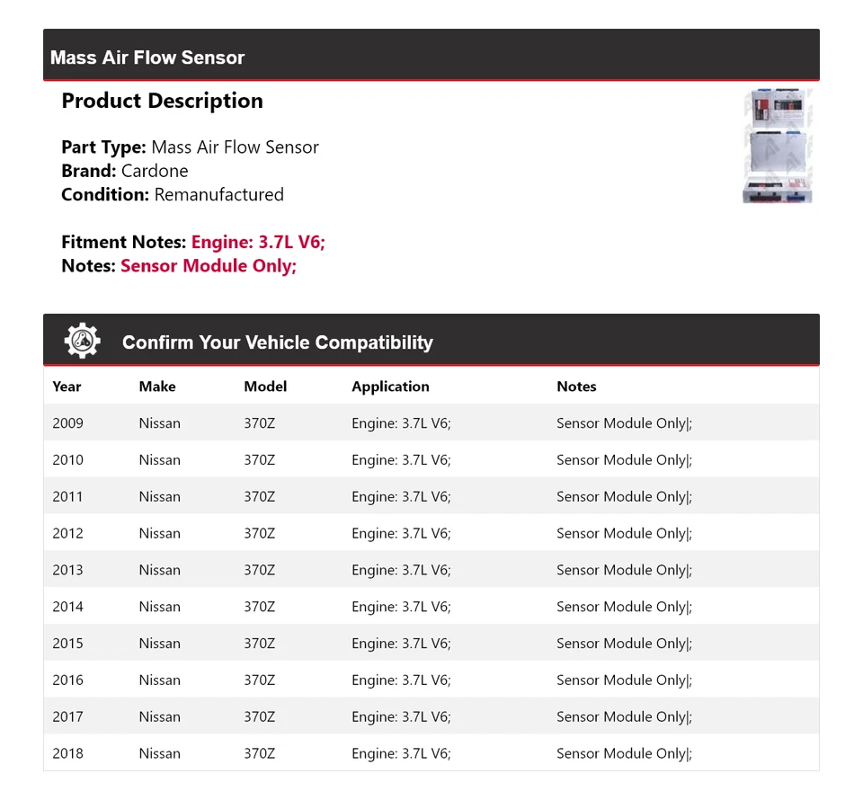 For 2009-2018 Nissan 370Z 3.7L V6 Mass Air Flow Sensor Cardone 2010 2011 2012 - Image 2 of 4