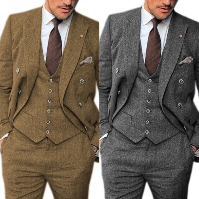 Mens 3Pcs Suits Tweed Wool Herringbone Tuxedo Suit Blazer+Vest