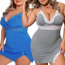 Plus Size Women Full Slip Sexy Lace Chemise Slip Dress V Neck Nightgown US