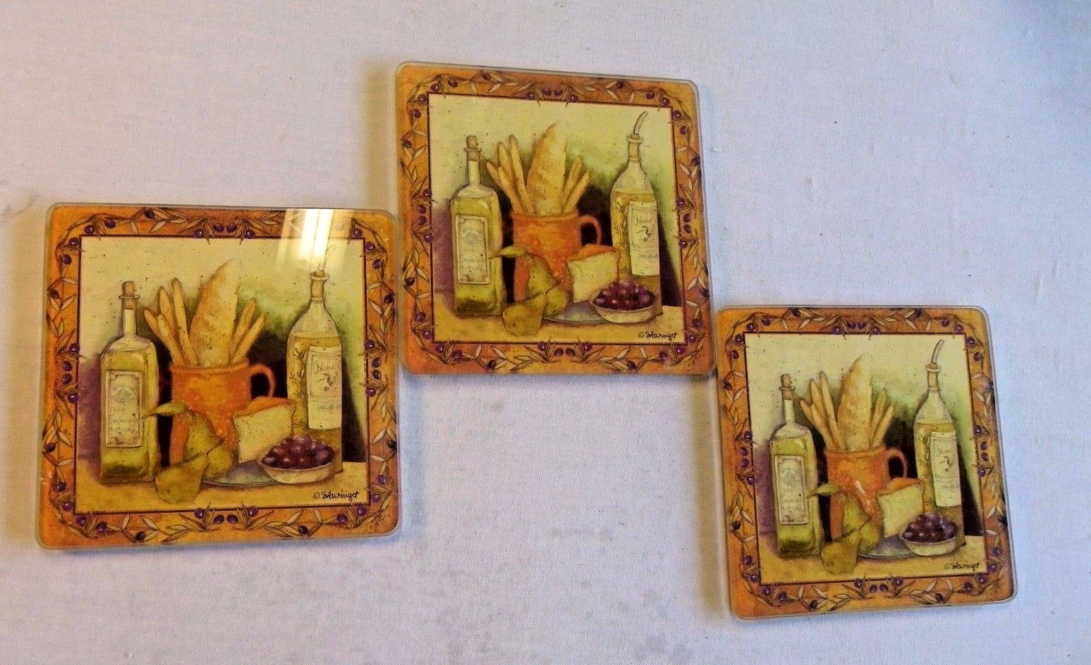 3 Tempered Glass Cutting Boards Trivets By Susan Winget Bread Cheese 6" X 6" eBay