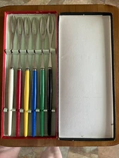 Vintage Woodcrest Set Of Six Stainless Fondue Forks #1901 Original Box Japan