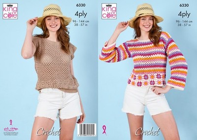 King Cole 6330 Häkelanleitung 4-fädig Damen uni oder gestreift Pullover & Top
