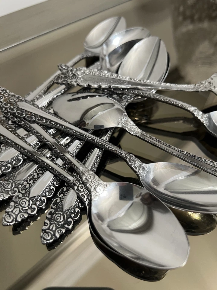 Lifetime LCU57 Stainless Japan ROSES Scrolls Glossy Silverware Teaspoon 16 pc - Image 3 of 4