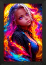 Cosmic Girl with Vibrant Hair Framed Wall Art Poster Canvas Print Picture