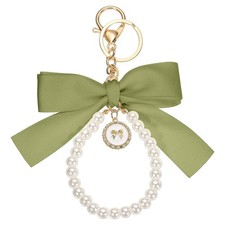 Ribbon Bow Keychain Cute Pearl Wristlet Keychain Bow Charm Mustard Green 