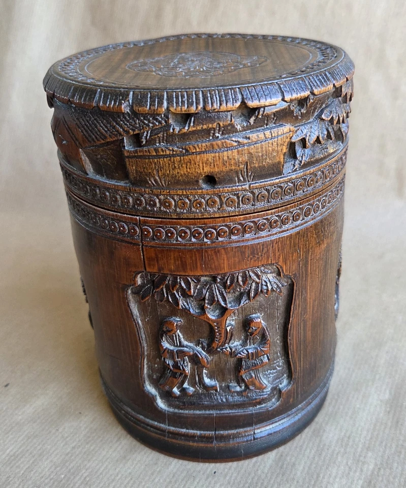 Ancien Pot couvert à thé en bambou sculpté chine vers 1900-10 - Photo 3/4