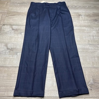 Hield Pants Mens 34 Navy Blue Red Windowpane Check Pleated Savile Row Trousers