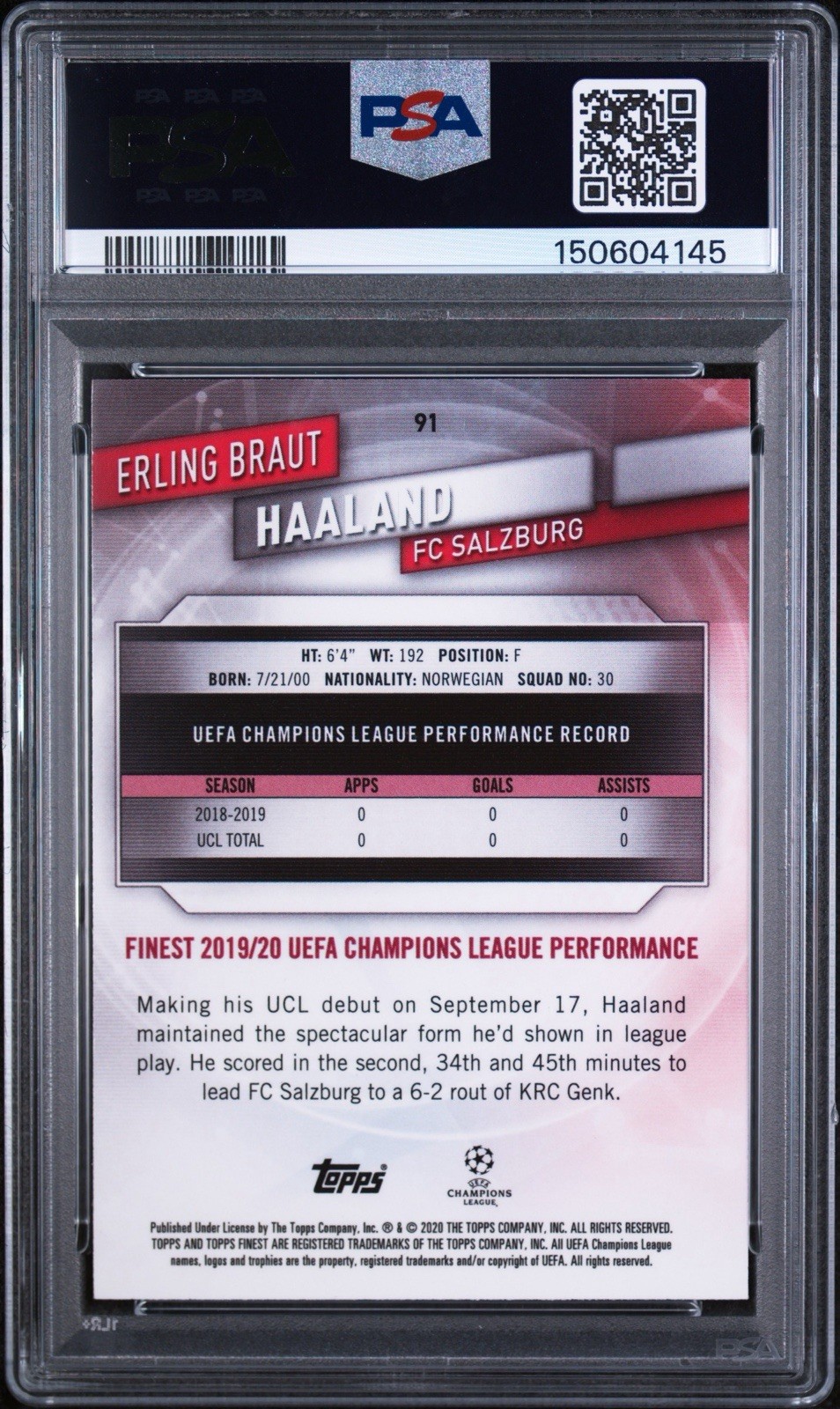 2019 Finest UCL Erling Braut Haaland RC PSA 9 view 2