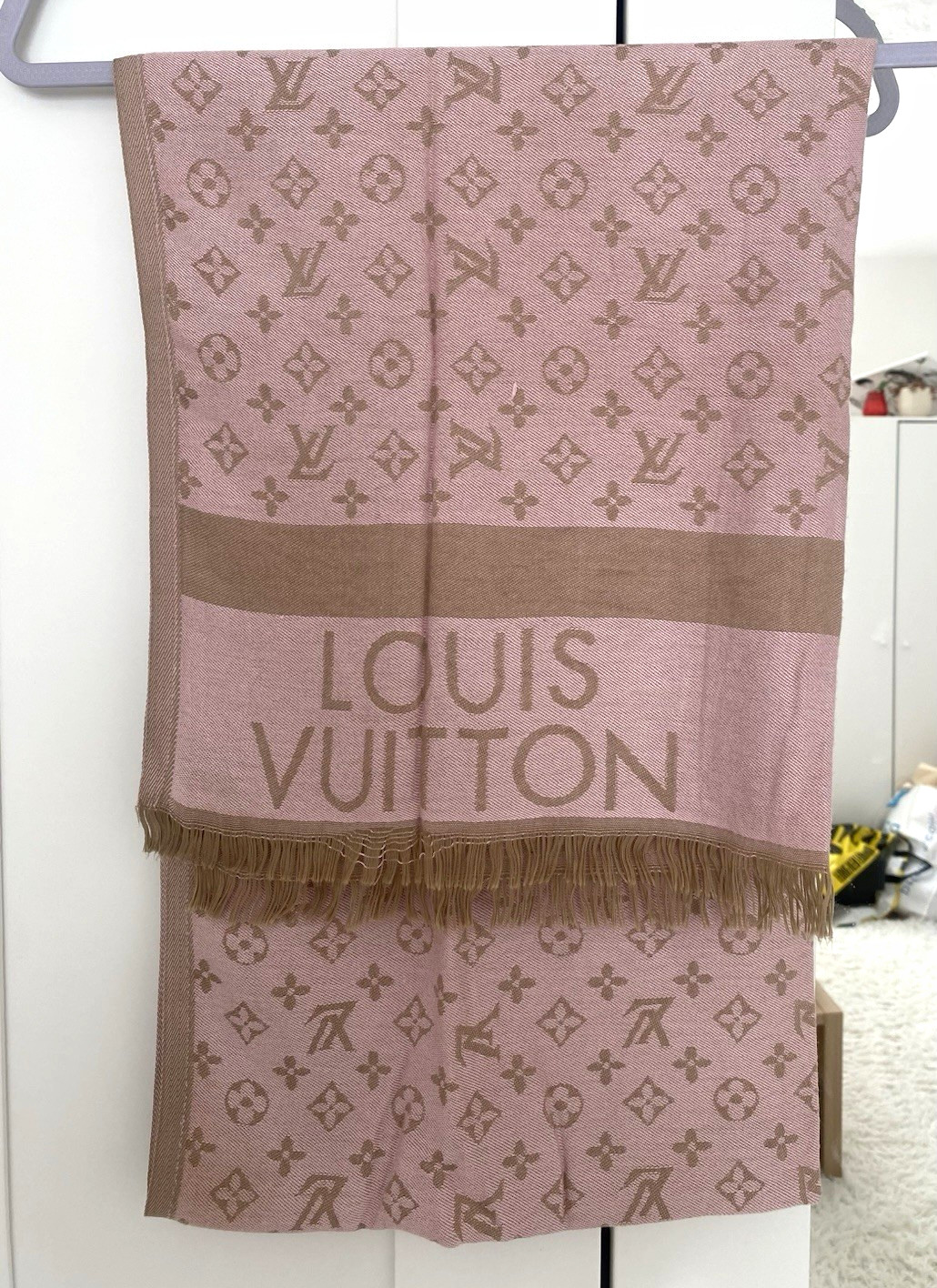 Louis Vuitton Women’s Monogram Logo Scarf Pink & Brown Fringed