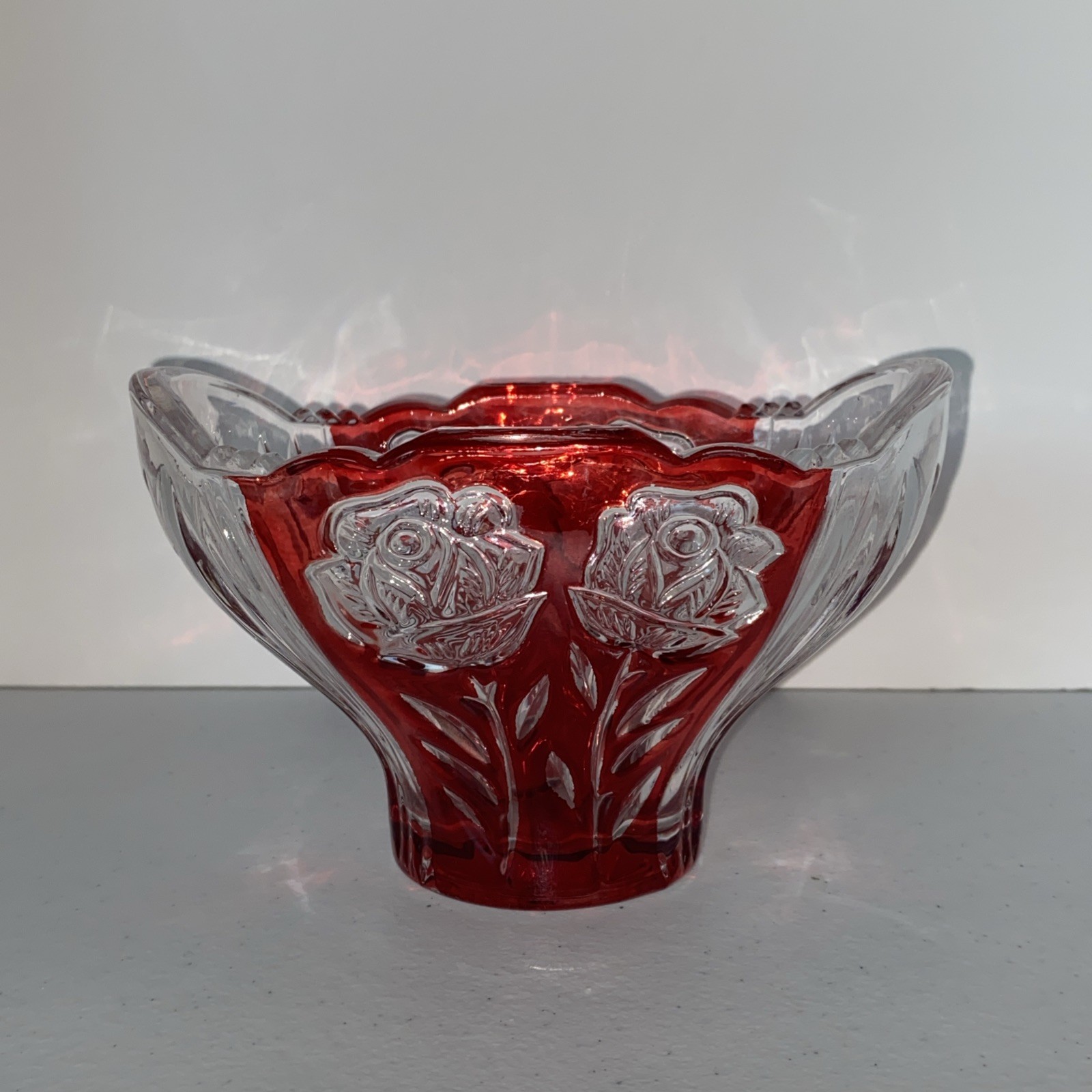 Vintage Anna Hutte Ruby Red Clear Rose Candy Dish Oblong Germany