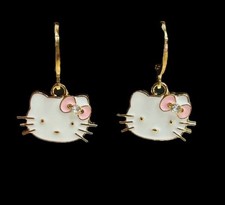 Hello Kitty Cat White Pink Bow Crystal Dangle Earrings NWOT LAST ONE