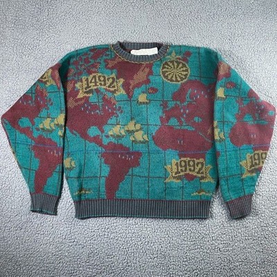 Vintage Crossings World Map Sweater Mens XL Teal  Made in USA Cotton