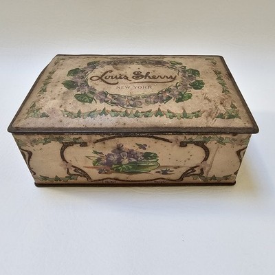 Vtg Louis Sherry of New York Tin Container Box w/Hinged Lid Lavender/Green Canco