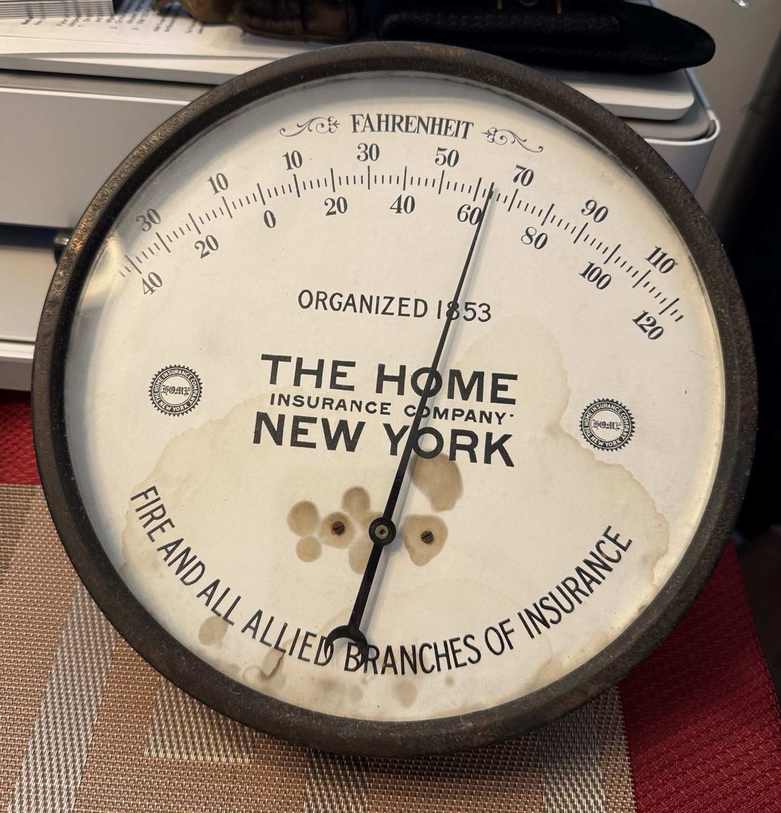 Advertising Thermometer, The Home Insurance Company, New York, 9 1/8” Diameter