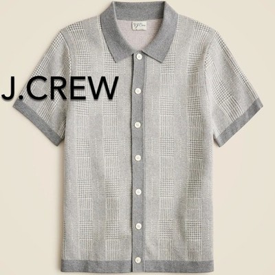 NEW J.Crew Short-Sleeve Heritage Cotton Sweater-Polo in Windowpane Jacquard Sz M