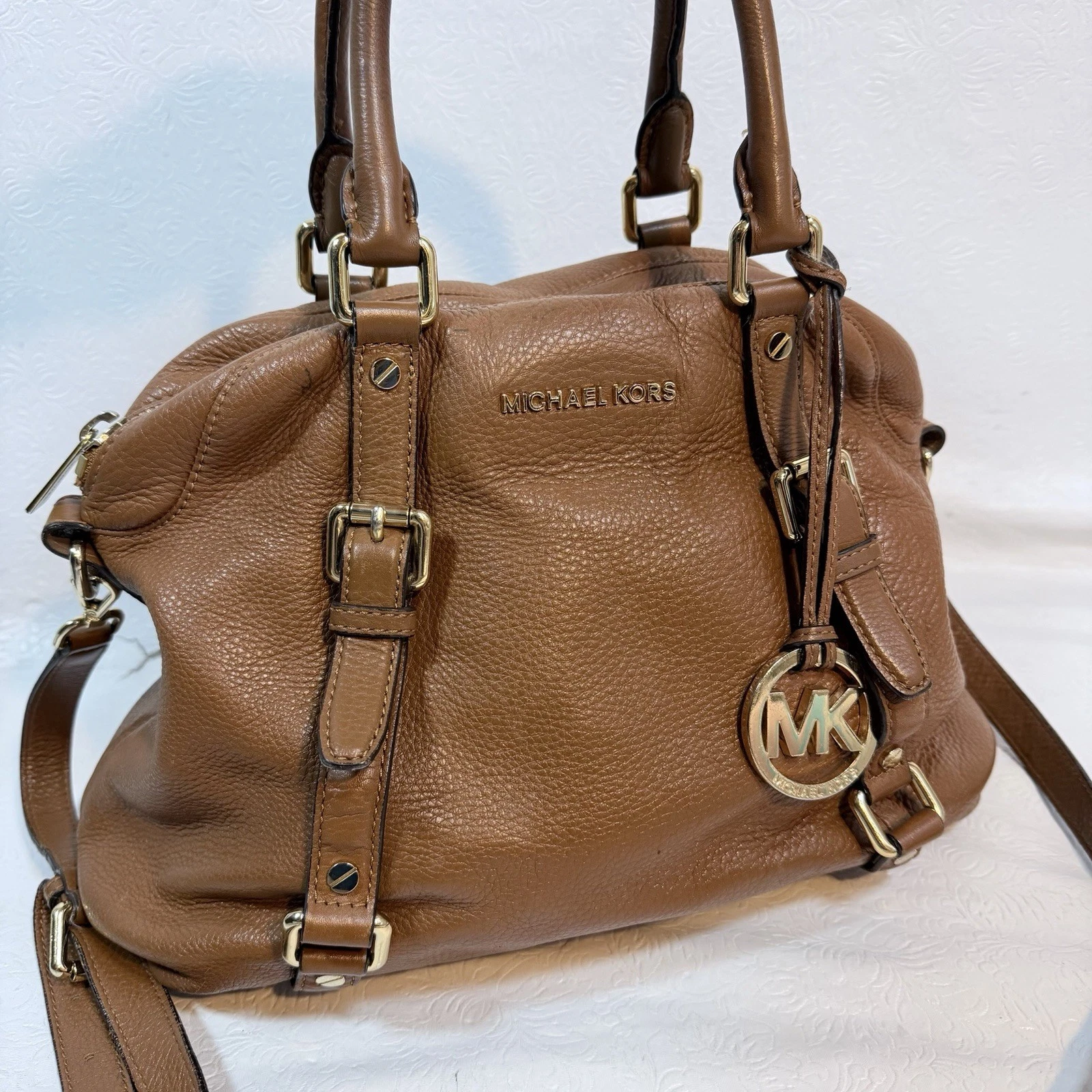 Michael Kors Bedford Legacy Medium Satchel Brown Pebbled Leather Handbag Purse
