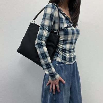 PRADA Nylon Shoulder Bag Black Vintage Minimal Tote Silver Handle Authentic