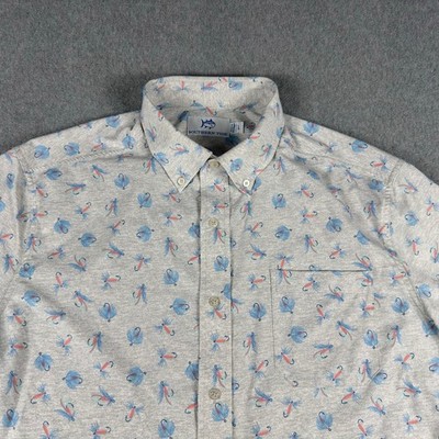 Southern Tide Performance Button Up Shirt Mens L Blue Fishing Bait Short Sleeve