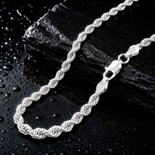 4MM Solid 925 Sterling Silver Italian Diamond Cut Rope Chain Bracelet / Necklace