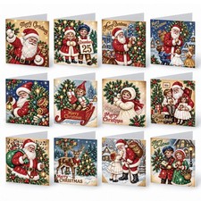 12Pcs Diamond Art Painting, Christmas Greeting Cards, Retro Santa